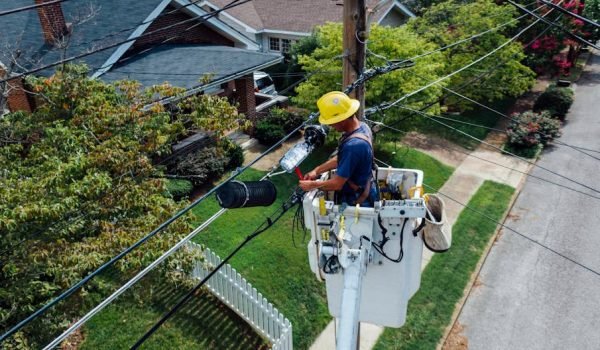 pexels-photo-2898199-2898199 Electrician in a bucket lift repairing power lines from a utility pole in a suburban neighborhood.